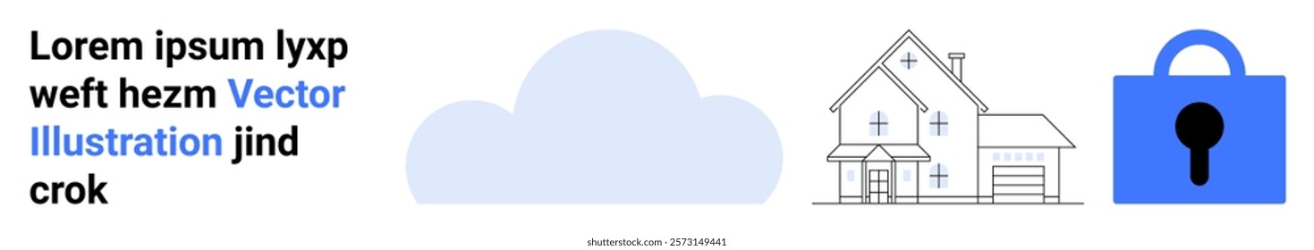 Cloud icon and outline of a house with a blue lock symbol on the right. Ideal for cloud computing, smart homes, security, data protection, and technology services. Banner for landing page