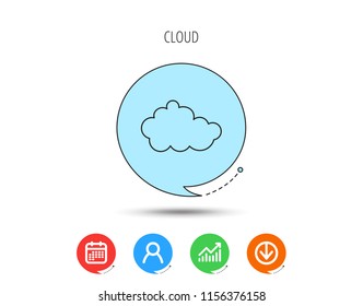 Cloud icon. Overcast weather sign. Meteorology symbol. Calendar, User and Business Chart, Download arrow icons. Speech bubbles with flat signs. Vector