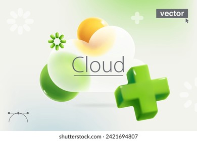 Cloud icon with realistic 3D green add, plus, medical cross, loading icon, spheres. Web storage. Transparent plastic weather app UI element. Glass overlay effect. Vector cartoon style illustration.