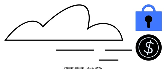 Cloud icon with security lock and dollar symbol. Ideal for technology, security, finance, cloud services, and online transactions. Simple lines and clean design, vector style. Blue and black colours