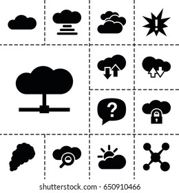 Cloud icon. set of 13 filled cloudicons such as cloudy weather, cloud, smoke, exclamation