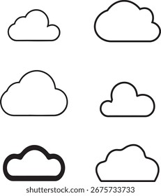 Cloud Icon Set 6 Schwarze Umrisse Vektor Designs mit verschiedenen Formen und Konturen für Wetter und minimalistische Themen Laufwerk Speicher oder cumulus line art