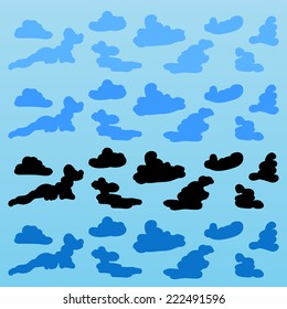 Cloud icon set. 8 blue and black stylized symbols. Load buttons. Colored signs on blue background. Fairytale sign. Vector isolated