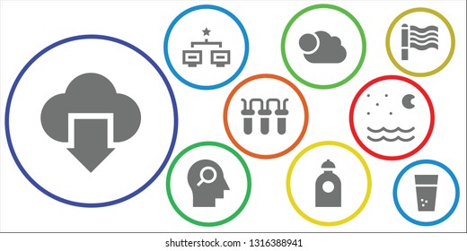 cloud icon set. 9 filled cloud icons.  Simple modern icons about  - Cloud computing, Network, Cloudy, Mind, Water, Filter, Night, Rainbow
