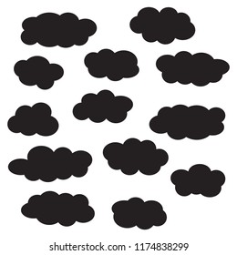 Cloud icon set, black isolated on white background, vector illustration.