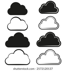 Cloud icon set. Black and white contrast. Minimalist vector shapes. Atmospheric weather symbols.