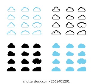 Cloud-Symbolsatz: Schwarz, Weiß und Blau Variationen, Einfach, Modernes Design, Wetter, Grafik-Vektor.