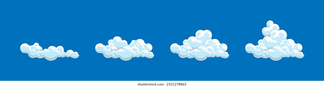 Cloud icon set. Carton style clouds of different shapes. The blue sky with white clouds. Vector illustration