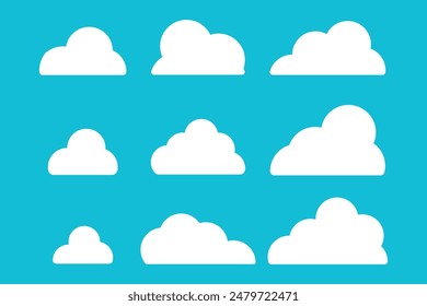 Cloud icon set. Set of cartoon cloud in a flat design. White cloud collection on sky background. Cloud icon set illustration.