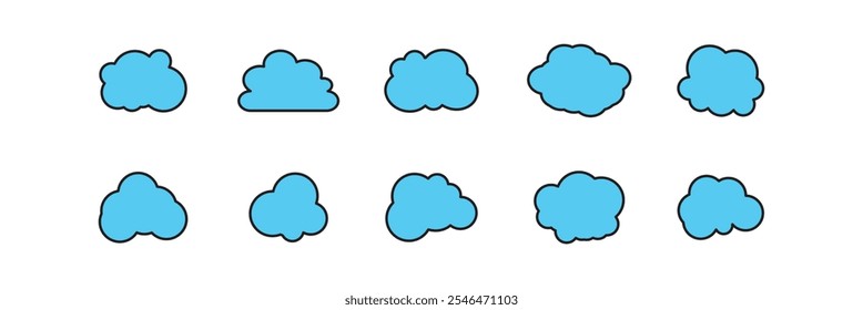 Cloud icon set. Set of cartoon cloud in a flat design. White cloud collection on sky background. Cloud icon set illustration.
