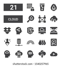 cloud icon set. Collection of 21 filled cloud icons included Cloud computing, Mind, Hard drive, Drops, Rainbow, Database, Hologram, Eruption, Security, Dropbox, Network