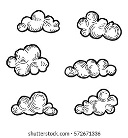 Cloud icon set. Doodle line art weather sign illustration