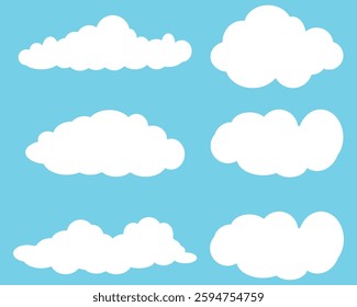 Cloud icon set. Flat cloud. Simple cloudy shapes. Cartoon white puffy, fluffy and cumulus clouds in blue sky. Abstract comic weather elements.