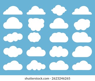 Cloud Icon Set – Flat White Clouds on Blue Sky Background, Vector Fully Editable File.
