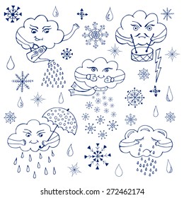 Cloud icon set. Hand drawn sketch illustration isolated on white background with  rain, snow, storm.
