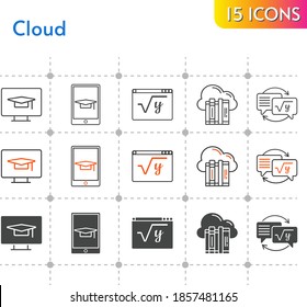 cloud icon set. included cloud, homework, maths, student-tablet, student-desktop icons on white background. linear, bicolor, filled styles.