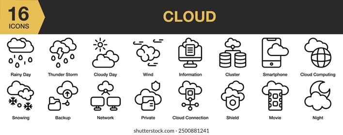 Cloud icon set. Includes backup, information, network, rainy day, night, cluster, and More. Outline icons vector collection.