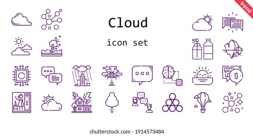 cloud icon set. line icon style. cloud related icons such as cotton candy, rain, storm, spray, cpu, industry, hurricane, artificial intelligence, cloud, cloudy, hot air balloon, chat, sunset, iceberg