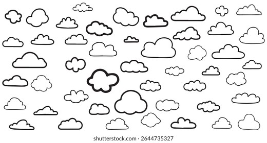 Cloud Icon Set in Outline Style – Isolated Weather Symbols on White Background – Minimal Vector Clouds for Forecast, UI, Apps, Web Design, and Sky-Themed Graphic Projects