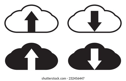 Cloud icon set. Upload or download cloud symbol with arrow for web and app isolated on white background. Vector illustration.
