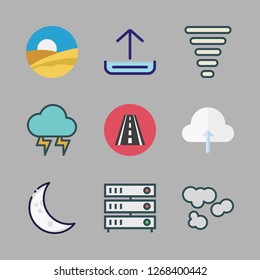 cloud icon set. vector set about servers, upload, desert and road icons set.
