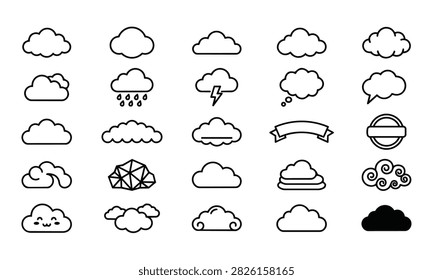 Cloud Icon Set Vector Illustration of Weather Symbols Rain Lightning Thought Bubble Banner Ribbon Polygon Swirl and Kawaii Cloud Elements.