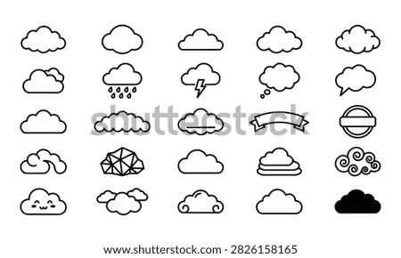 Cloud Icon Set Vector Illustration of Weather Symbols Rain Lightning Thought Bubble Banner Ribbon Polygon Swirl and Kawaii Cloud Elements.