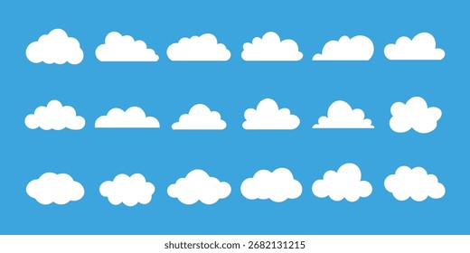 Cloud icon set vector on blue background. sky, weather, nature, blue, cartoon, shape, abstract, symbol, element, design, graphic, art, sign, symbol.