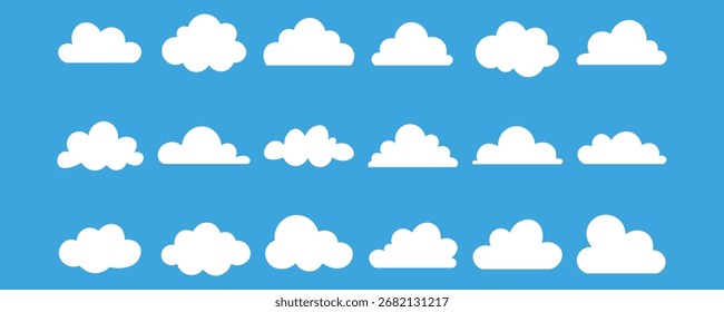 Cloud icon set vector on blue background. sky, weather, nature, blue, cartoon, shape, abstract, symbol, element, design, graphic, art, sign, symbol.