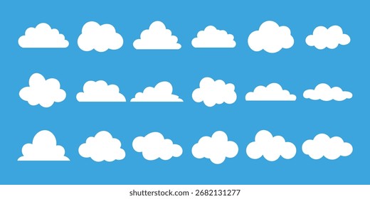 Cloud icon set vector on blue background. sky, weather, nature, blue, cartoon, shape, abstract, symbol, element, design, graphic, art, sign, symbol.