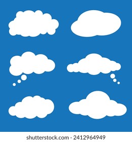 Cloud icon set, vector. cloud symbol in line and glyph style.  Cartoon speech Bubble Sign, white cloudy set isolated on blue background. Vector illustration