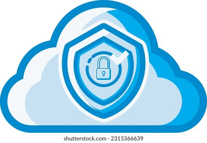 The cloud icon with the shield symbol is blue and white, representing strong data security and antivirus in the cloud. This design can be used as a decorative illustration with a cloud computing theme