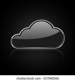 Cloud icon. Shiny black 3d icon with chrome frame. Vector illustration