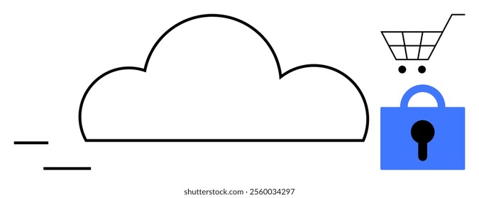 Cloud icon, shopping cart, and lock symbol emphasize online storage, e-commerce, and data security. Ideal for online security, cloud computing, e-commerce, cybersecurity, digital safety. Minimalist