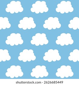 Cloud icon. Sky and clouds background. White clouds on blue background seamless pattern