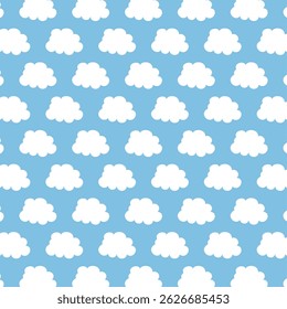 Cloud icon. Sky and clouds background. White clouds on blue background seamless pattern