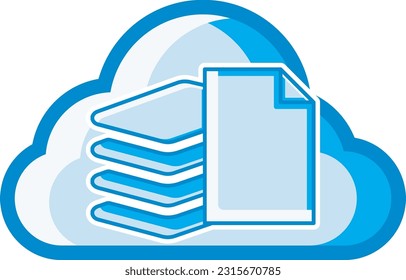 Cloud icon with stack of files symbol, showing storage and organization of files in the cloud. This design can be used as a decorative illustration with a cloud computing theme.