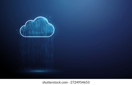 Cloud icon with a stream of blue digital points. Data flow, information processing, analytics, digital network, monitoring, insight, optimization concept. Technology digital futuristic style. Vector.