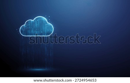 Cloud icon with a stream of blue digital points. Data flow, information processing, analytics, digital network, monitoring, insight, optimization concept. Technology digital futuristic style. Vector.