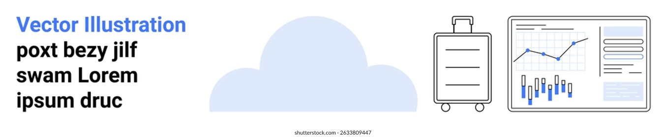 Cloud icon, suitcase, and analytics dashboard with graphs, charts. Ideal for travel, business analytics, data management, technology, cloud storage, business solutions. Landing page