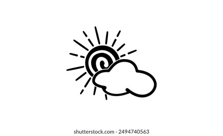 Cloud icon with sun, black isolated silhouette