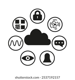 Cloud icon with symbols. Lock and chat signs. Seven tech elements. Vector graphic.