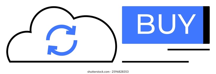 Cloud icon with sync arrows next to a blue BUY button. Ideal for ecommerce, digital downloads, cloud services, tech product marketing, online shopping, software sales, automated renewals. Line