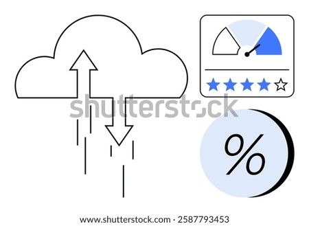 Cloud icon with upload and download arrows, performance meter, and percentage symbol. Ideal for cloud storage, data transfer, performance measurement, analytics, technology, business presentations