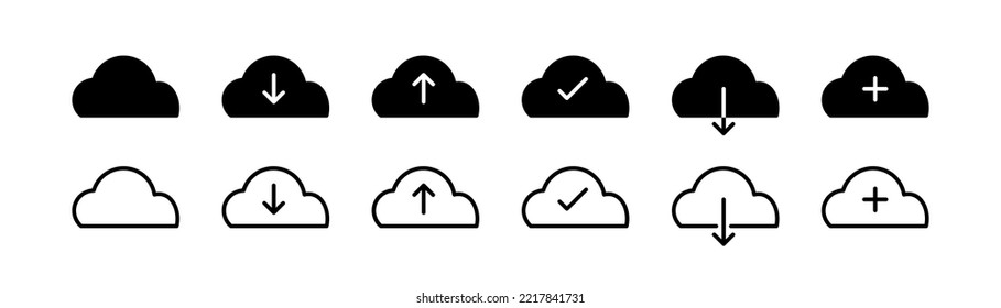 Cloud-Symbol. Vektorsymbol hochladen und herunterladen. Cloud-Prüfung abgeschlossen. Vektor-Einzelzeichen.