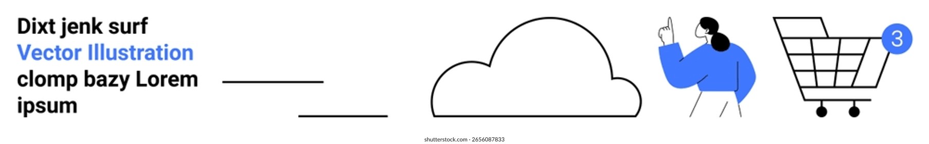 Cloud icon, user pointing, shopping cart with notification. Ideal for cloud services, e-commerce, digital transactions, user engagement, online shopping, technology, internet services. Landing page