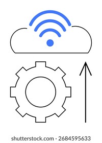 Icono de la nube con señal inalámbrica y flecha hacia arriba sobre un engranaje que representa el Mejorar de la nube y la optimización. Ideal para transformación digital, tecnología, gestión de datos, servicios de red
