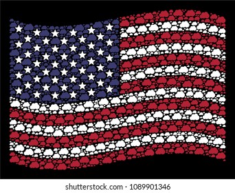 Cloud icons are arranged into waving United States flag mosaic on a dark background. Vector collage of USA state flag is constructed with cloud items. Designed for political and patriotic posters.