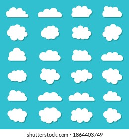 Cloud icons in cartoon style. White shapes on blue background. Set of sky clouds. Simple bubbles for speech. Symbols of forecast weather. Elements for internet, communication and hosting. Vector.