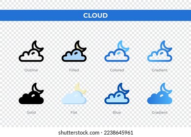 Cloud icons in different style. Cloud icons set. Holiday symbol. Different style icons set. Vector illustration